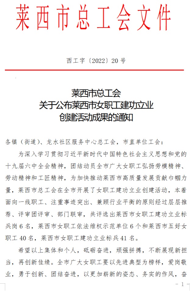 集團公司職工榮獲萊西市女職工建功立業(yè)創(chuàng)建活動多項先進個人(圖1)